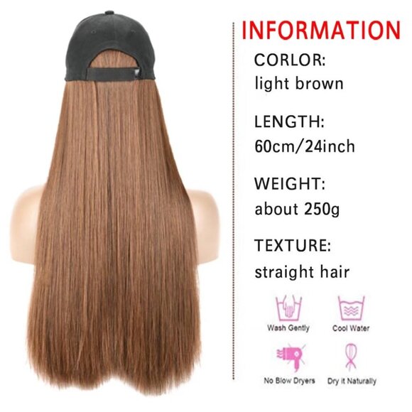 24" Synthetic Hair Extensions with Baseball Cap Long Straight Natural Look - Picture 3 of 6